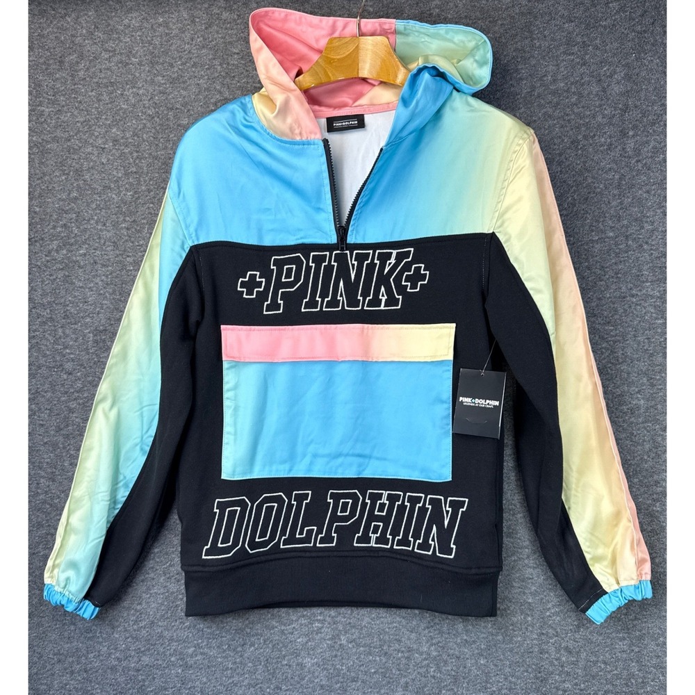 Pink Dolphin Mens S Rainbow Q Zip Hoodie Pastel Ombre Colorblock Y2k Skater NWT